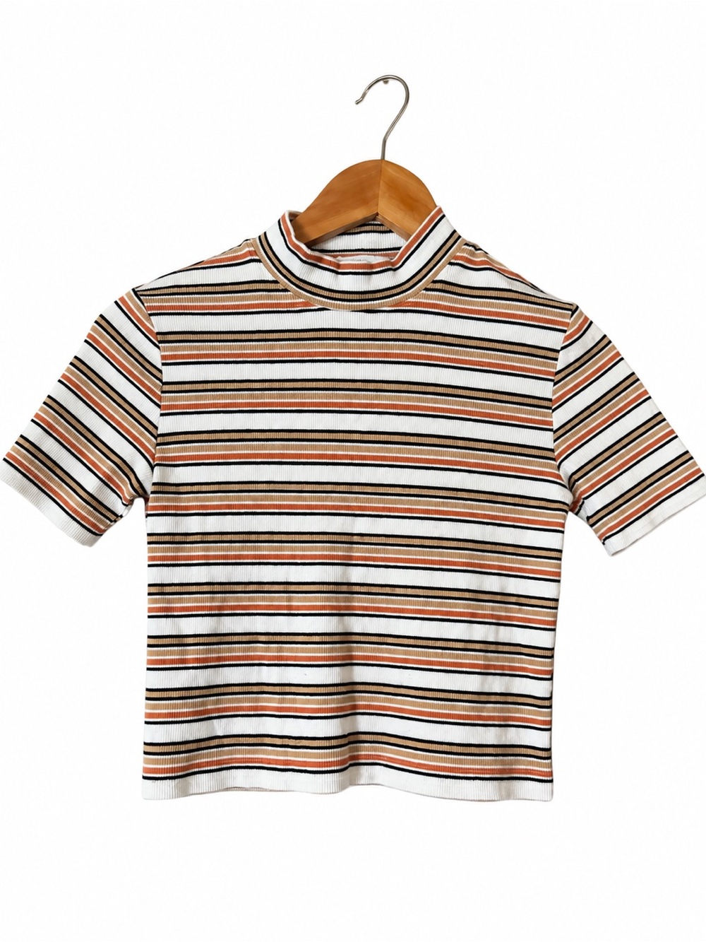Arizona Striped Mock Neck Tee in Cream & Brown
